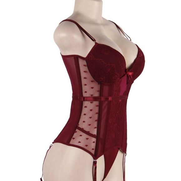 🏷🆕S-2XL; Women's Wine Red Corset with Garter and Matching G String Panties Set - Picture 9 of 14